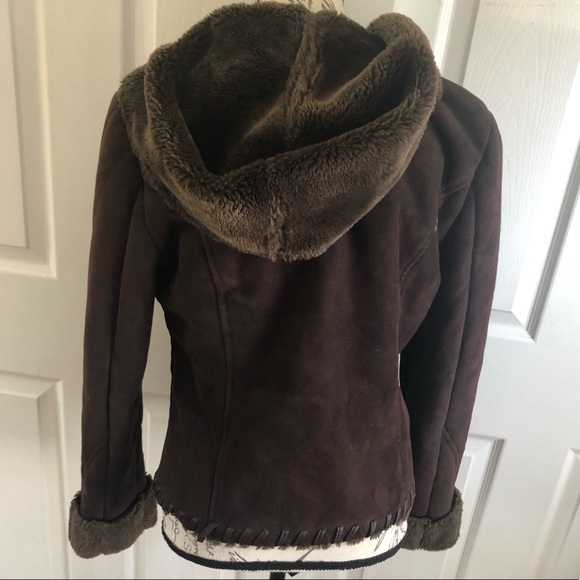 Via Spiga Faux Suede Leather Hooded Fleece Coat - Picture 4 of 8